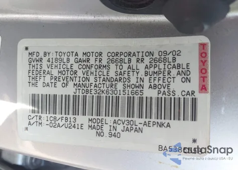 2003 Toyota Camry Le from USA, damaged, VIN JTDBE32K630151665